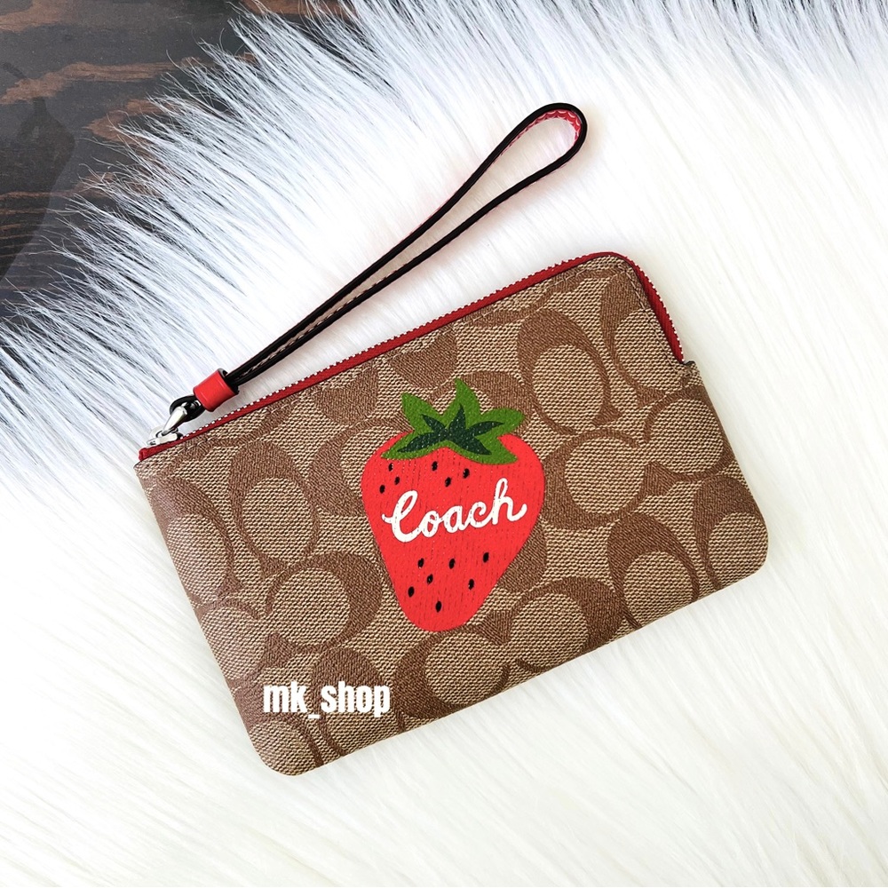 COACH Signature Canvas Corner Zip Wristlet Wallet Wild Strawberry